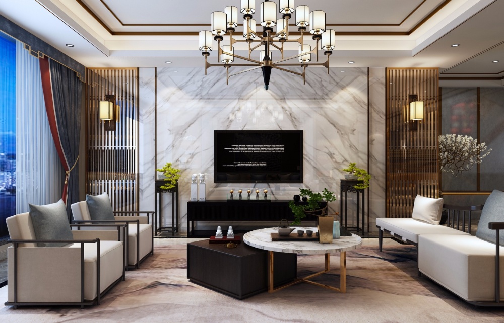 客廳窗簾裝修效果圖藍(lán)毓、新中式別墅中式現(xiàn)代客廳設(shè)計(jì)圖片賞析