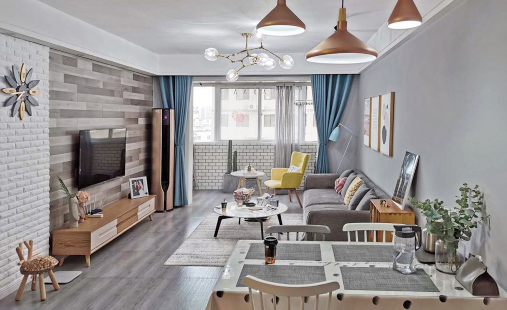 客廳窗簾裝修效果圖83㎡北歐風，新婚小兩口的浪漫北歐極簡客廳設計圖片賞析