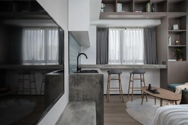 酒店公寓裝修效果圖(35㎡酒店式開(kāi)間單身公寓，半平米都沒(méi)浪費(fèi)，還裝得很有檔次)(圖7)