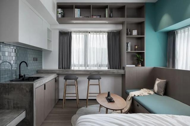 酒店公寓裝修效果圖(35㎡酒店式開(kāi)間單身公寓，半平米都沒(méi)浪費(fèi)，還裝得很有檔次)(圖8)