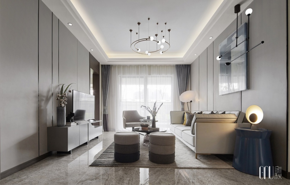 客廳窗簾裝修效果圖昆明萬科城Ⅱ：入時(shí)牛仔藍(lán)為摩登現(xiàn)代簡(jiǎn)約客廳設(shè)計(jì)圖片賞析